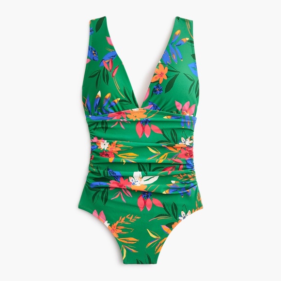 New JCREW Size XS Ruched Plunge One-Piece Swimsuit Bright Clover Multi $98 CI099 - Picture 1 of 6